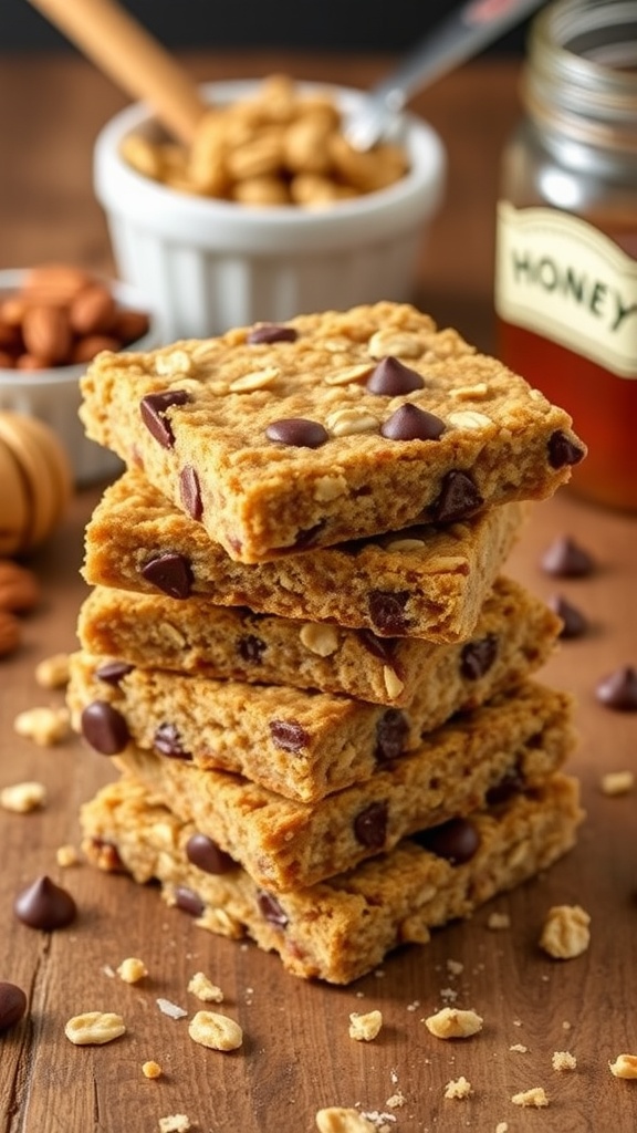 Chewy oatmeal snack bars stacked on a wooden table, with nuts and chocolate chips.